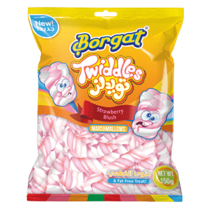 BORGAT TWIDDLES MARSHMALLOWS STRAWBERRY 24P*150 GM | بورقات حلوى توديلز 24 حبه*150 جرام